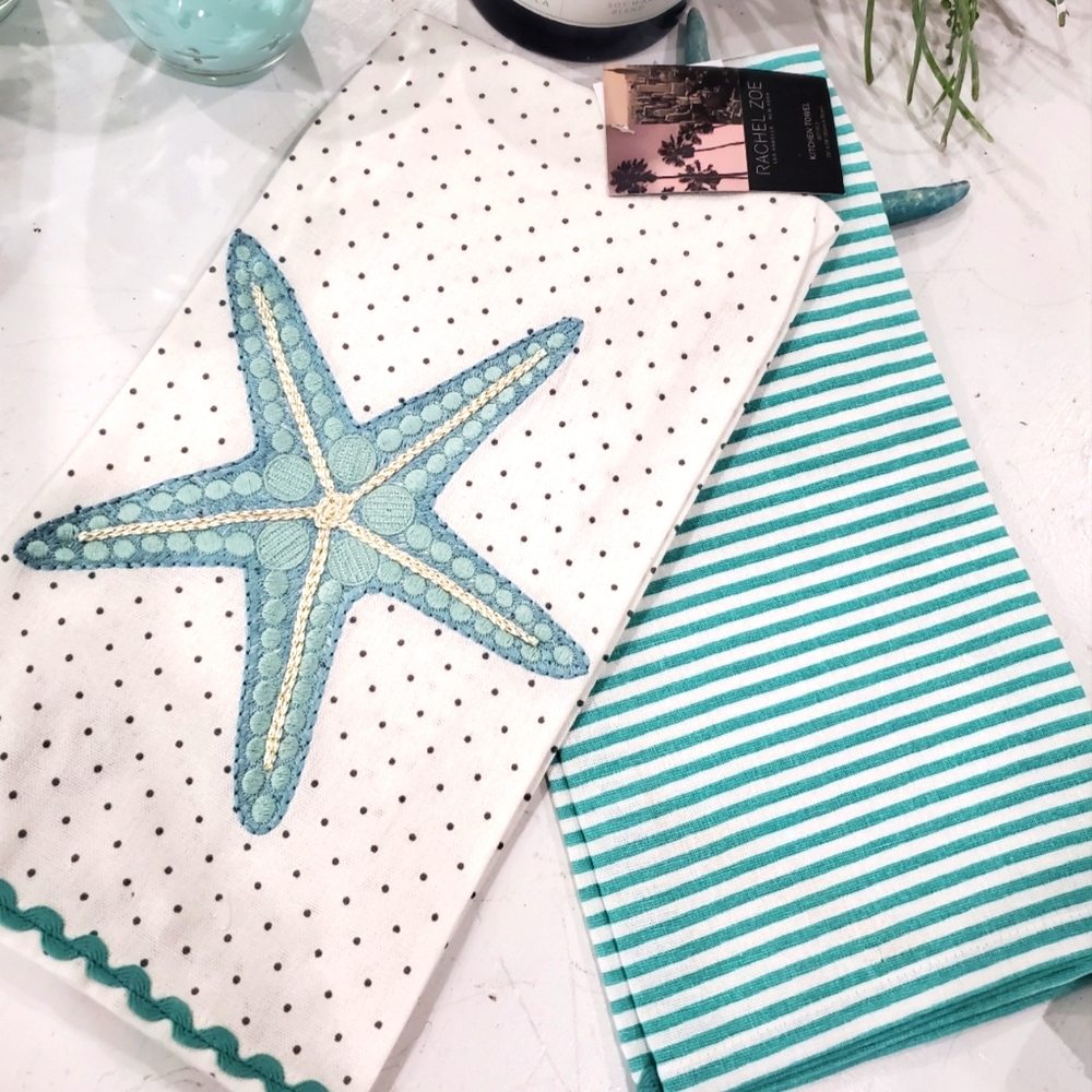 STARFISH EMBROIDERED COTTON KITCHEN TOWELS #2